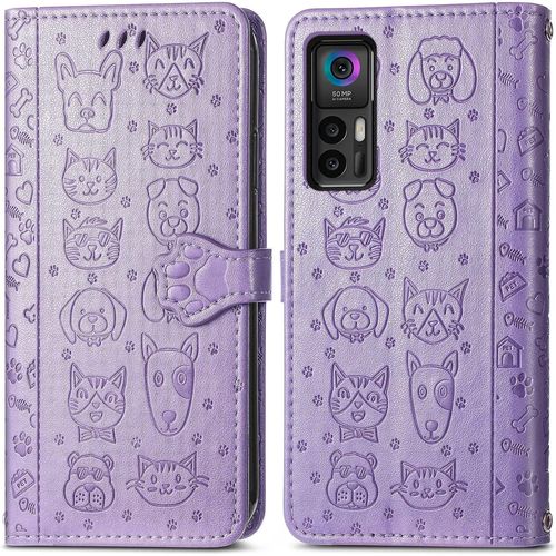 Coque Pour Tcl 30 Plus/Tcl 30 5g, Antichoc Portefeuille Etui Housse En Cuir A Rabat Avec Porte Carte, Chiusura Magnetica [Motif De Chat Chien] Flip Cover Case Pour Tcl 30 Plus, Violet