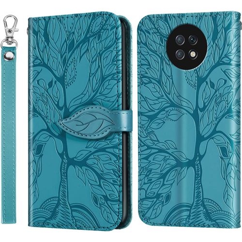 Coque Pour Xiaomi Redmi Note 9t, Folio Cuir Pu Magnetique Feuille Flip Case Portefeuille Telephone Etui Phone Cover Protection Housse Xiaomi Redmi Note 9t, Arbre De Vie Bleu