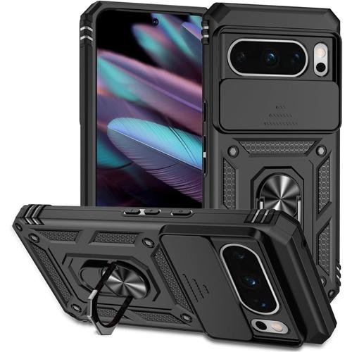 Coque Compatible Avec Google Pixel 8 Pro, Etui Avec Cache Camera & Support A Bague 360 Armor Full Body Antichoc Anti-Chut Housse Tpu Silicone Bumper Cover Noir