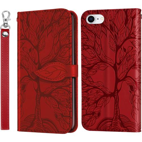 Coque Pour Iphone Se 2020/8 2017/7 2016 4.7 Pouces, Folio Cuir Boucle Magnetique Feuille Telephone Etui Iphone 8 2017, Phone Protection Housse Iphone 7 2016, Rouge