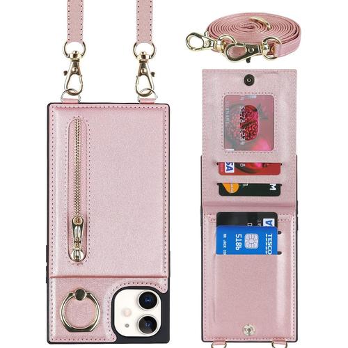 Coque Iphone 11 Cordon, Etui Portefeuille Iphone 11 Avec Cordon Collier, Ring Bequille Fente Pour Cartes Housse Etui Iphone 11-Rose