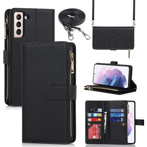 Coque Samsung S21 Plus 5g Avec Cordon,Collier Flip Portefeuille Etui En Cuir,[9 Porte Cartes][Double Fermeture Magnetique],Clapet Housse Etui Rabat Pour Samsung Galaxy S21 Plus 5g - Noir