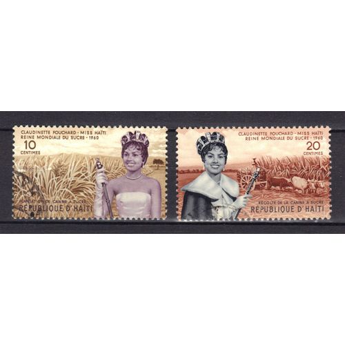 Haiti 1960 : Election De La Reine Mondiale Du Sucre : Portraits De Claudinette Fouchard - Série De 2 Timbres Oblitérés