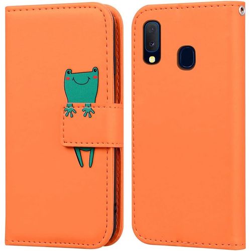 Coque Pour Samsung Galaxy A20e, Mignon Cartoon Animal Grenouille Etui Portefeuille En Cuir Pu Housse Avec Fonction Stand, Fermeture Magnetique, Emplacements De Cartes -Orange