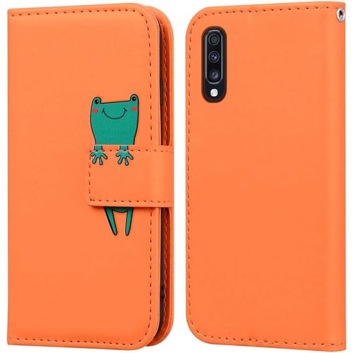 Coque Pour Samsung Galaxy A70, Mignon Cartoon Animal Grenouille Etui Portefeuille En Cuir Pu Housse Avec Fonction Stand, Fermeture Magnetique, Emplacements De Cartes -Orange