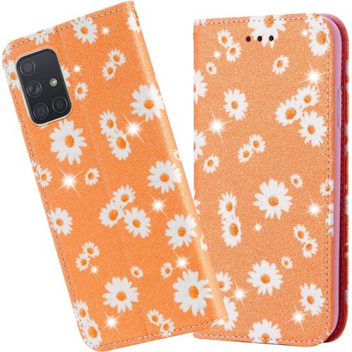 Coque Cuir Pour Samsung Galaxy A71 4g, Fleur De Marguerite Design Motif Dessin Portefeuille Housse Avec Case Antichoc Interieure, Etui A Rabat Protection, Cover Cuir - Orange