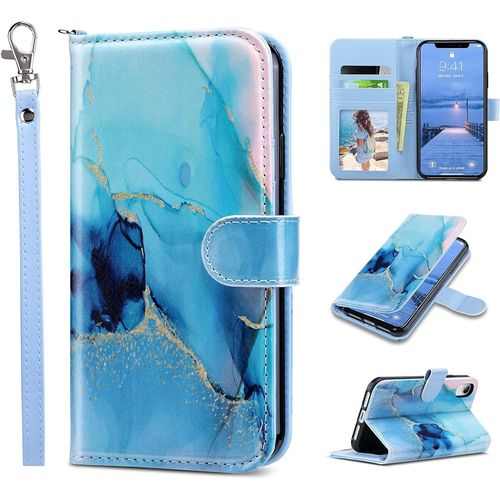 Coque Iphone Xr, Cuir Portefeuille Etui Housse En Pu Avec Porte Cartes, Fonction De Support, Magnetique Protection Integrale Antichoc Coque Pour Iphone Xr 6,1 Pouces (Marbre Bleu)