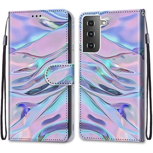 Coque Cuir Pour Samsung Galaxy S21 5g, Mignonne Design Motif Dessin Portefeuille Housse Avec Case 360 Degres Silicone Antichoc, Etui A Rabat Protection Cover Cuir - Mauve