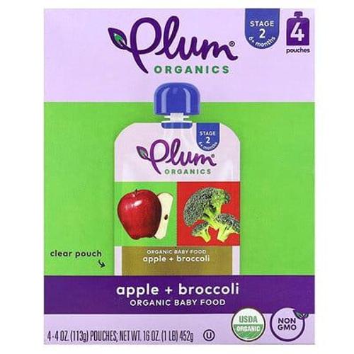 Plum Organics Aliments Biologiques Pour Bébés, 6 Mois Et Plus, Pomme + Brocoli, 4 Sachets, 113 G Chacun