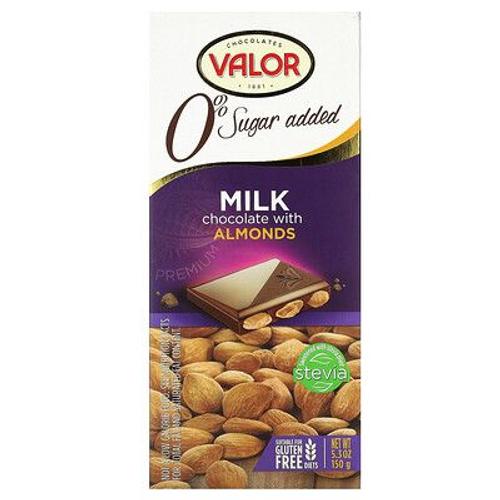 Valor Chocolates, Chocolat Au Lait Et Aux Amandes, 0 % De Sucres Ajoutés, 150 G