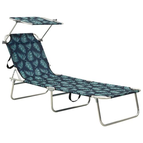 Transat Chaise Longue Bain De Soleil Lit De Jardin Terrasse Meuble D'extérieur Pliable Avec Auvent Acier Motif De Feuilles Helloshop26 02_0012811