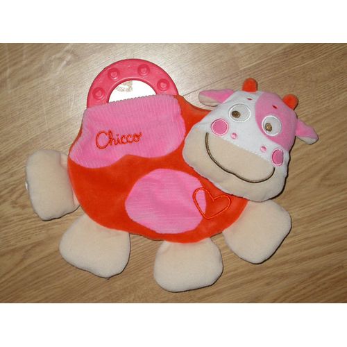 Doudou Peluche Vache Cow Kuh Anneau Dentition Plat Chicco Rose