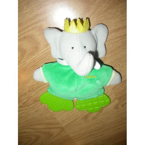 Doudou Peluche Babar Elephant Elefant Roi Hochet Environ Vert Tigex Anneau Dentition Dentaire