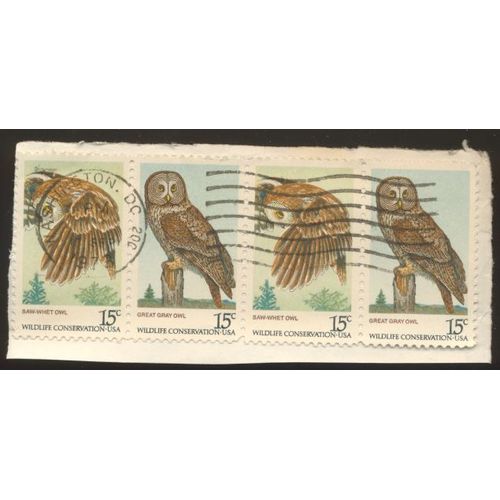 Timbre U S A, Wildlife Conservation U S A Saw-Whet Owl 15 Cents, Great Grey Owl 15 Cents, (4 Timbres : 2 Saw-Whet, 2 Great Grey)