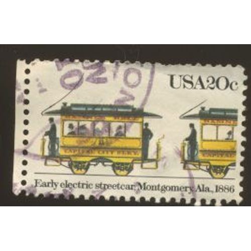 Timbre U S A, Early  Electric Streetcar Montgomery Ala, 1886, U S A 20 Cents Oblitéré