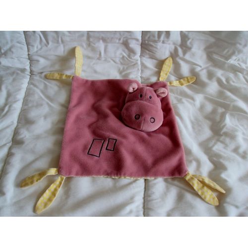 Doudou Hippopotame Rose Et Jaune  A Carreaux