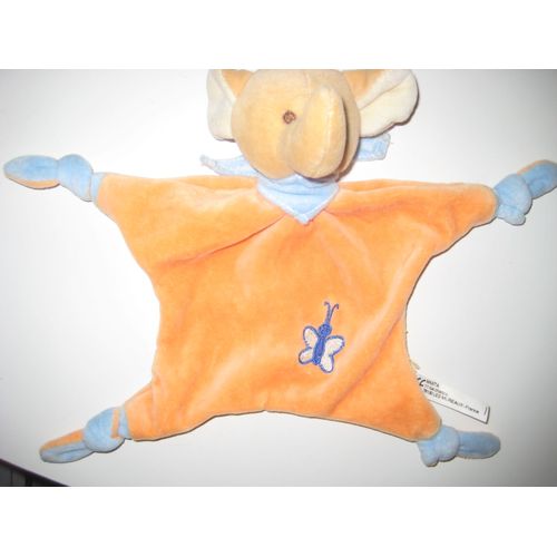 Doudou Plat Éléphant Orange Bleu Papillon Maxita