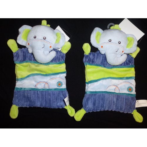 Doudou "Nicotoy, C&a, Baby Club", Lot De 2, Plat, Éléphant, Bleu Vert