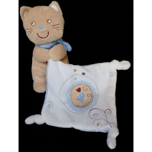 Doudou Chat Marron Mouchoir Pommette Mouchoir Blanc Bleu Oiseau Coeur Brodé