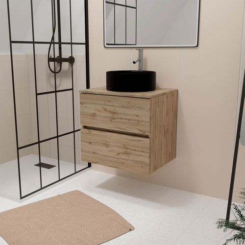Meuble Salle De Bains 80cm 2 Tiroirs Chêne Naturel + Vasque Ronde Diamètre 41cm En Céramique Noire
