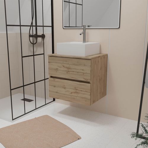 Meuble Salle De Bains 80cm 2 Tiroirs Chêne Naturel + Vasque Carrée 41x41x15cm En Céramique Blanche