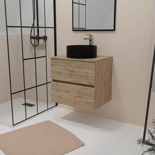 Meuble Salle De Bains 80cm 2 Tiroirs Chêne Naturel + Vasque Ronde Diamètre 36cm En Céramique Noire