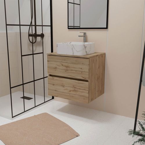 Meuble Salle De Bains 80cm 2 Tiroirs Chêne Naturel + Vasque Carrée 38x38x13cm Blanche Effet Marbre