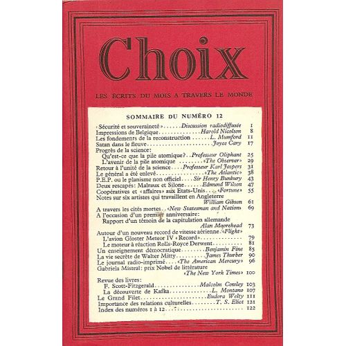 Choix - Les Écrits Du Mois À Travers Le Monde 1945  N° 12 : Qu'est-Ce Que La Pile Atomique ? - Le Général A Été Enlevé