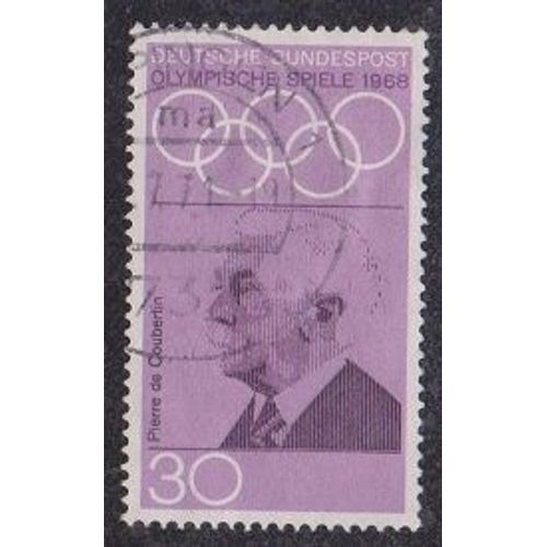 Timbre D'allemagne De L'ouest N°428 Y&t 30 P Lilas Et Violet Jeux Olympiques De Mexico Anneaux Olympiques Et Sujets Divers Baron Pierre De Coubertin