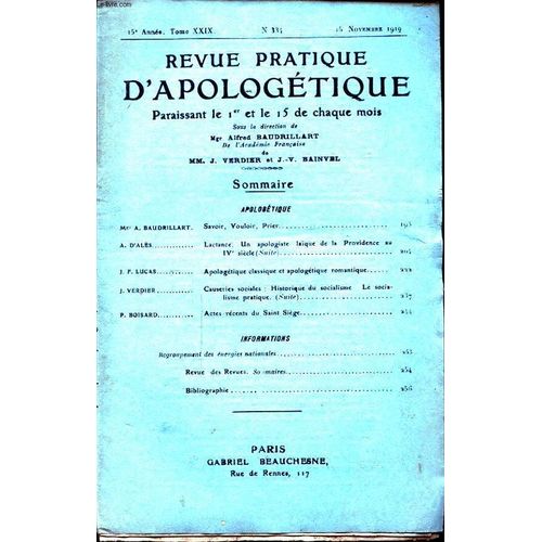 Revue Pratique D Apologetique N°334 : Mgr A. Baudillart Savoir Vouloir Prier... A. D Ales : Lactance Un Apologiste Laique De La Providence Au Iv Siecle