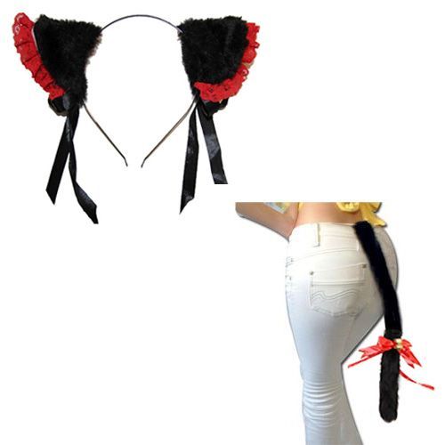 Oreille Chat Noir Clochette Dorée Serre Tête + Une Queue Noir Chat (Grande Taille) Sert Tête Barrette Black Sugar Cosplay Costume Déguisement Soirée