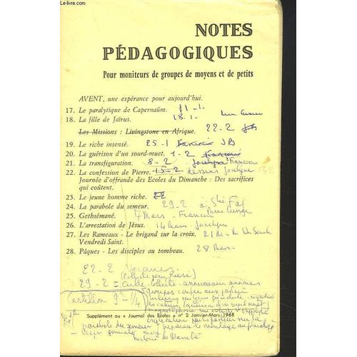 Notes Pedagogiques. Supplement Au Journal Des Ecoles Du Dimanche. N°2 Janv-Mars 1968. Avent, Une Esperance Pour Aujourd'hui/ La Ralytique De Capernaüm/ La File De Jaïrus/ La Riche Insense/ ...