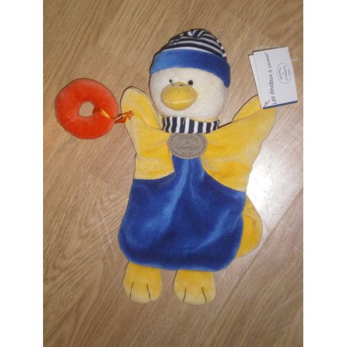 Doudou Peluche Canard Oiseau Marionnette Anneau Bouee Duck Gedéon Bleu Jaune Main Doudou Et Compagnie 26 Cm