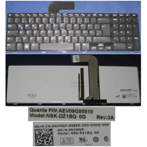 Clavier Qwertz Allemand / German Pour  DELL Inspiron 17R N7110, XPS 17 L702X Series, Gris / Gray, Noir-frame, BACKLIT, Model: NSK-DZ1BQ, P/N: AEV09G00010, 0N7MGP, ON7MGP, N7MGP