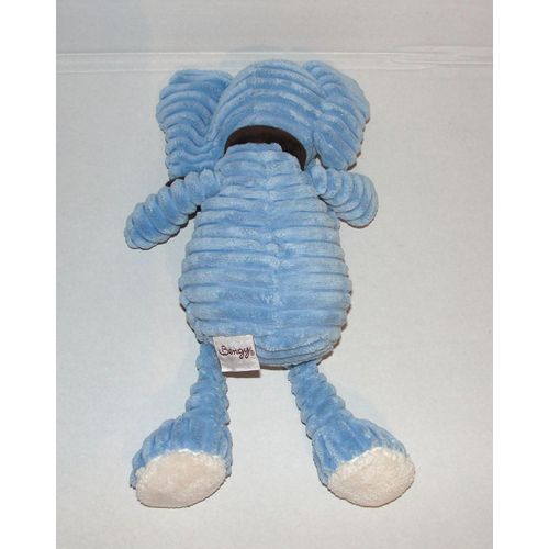 Doudou Peluche Elephant Bleu Bengy Grosses Cotes Feuilles Echarpe Marron