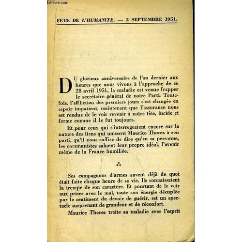 Brochure De La Fête De L'humanité Du 2 Septembre 1951, Autographée Par Laurent Casanova.