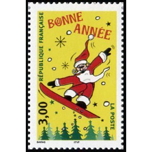 Pére Noel Sur Surf Bonne Annee De 1998 Y&t 3202 Fond Jaune