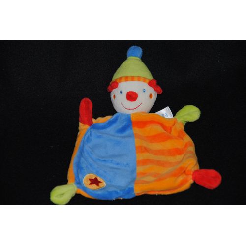 C&a Baby Club Doudou Clown Lutin  Plat Bleu Orange Rayé Etoile 4 Noeuds