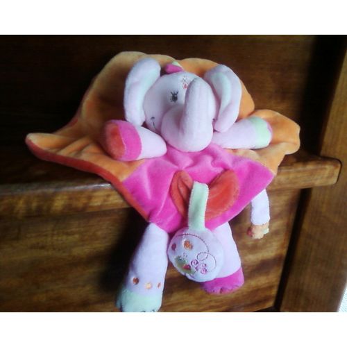 Doudou Plat, Éléphant Avec Pattes, Rose Et Orange, Nicotoy