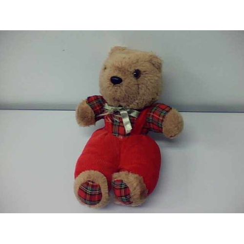 Peluche Marmotte Françoise Saget -Avec Salopette En Velours Rouge Et Chemise Bûcheron À Carreaux - 22 Cm Environ