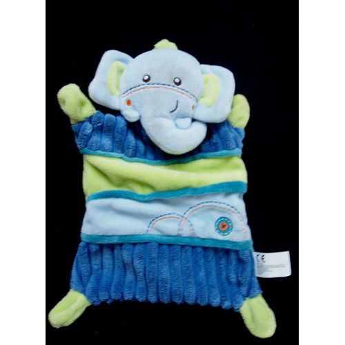 Doudou Plat Éléphant  Nicotoy Bleu Ciel Bleu/Violet  Vert 4  Noeuds