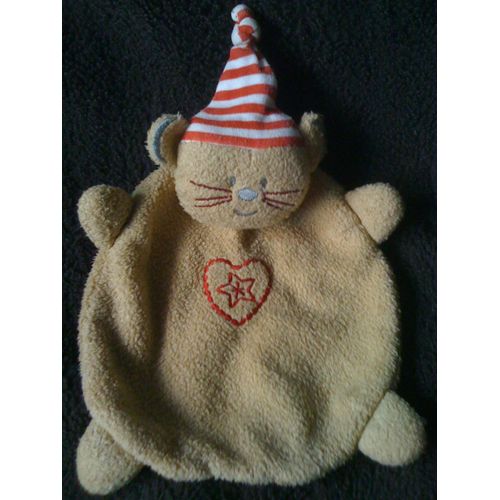 Doudou Plat - Chat Beige Bonnet Raye - 28 Cm
