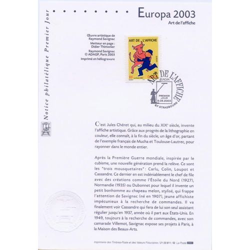 Notice Philatélique Premier Jour Europa 2003 Art De L'affiche