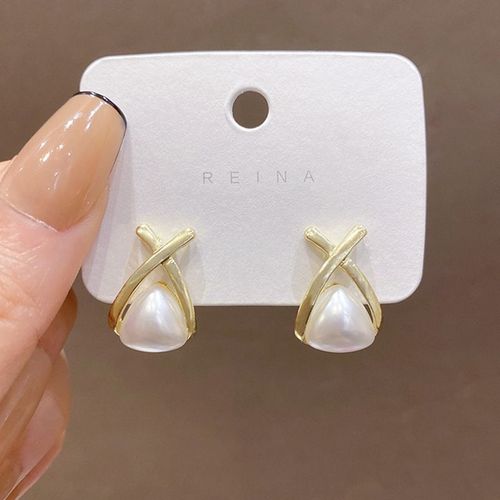 925 Argent Aiguille Simple Croix Perle Boucles D'oreilles Femmes Rtro Style Hong Kong Niche Mtal Boucles D'oreilles Ins Polyvalent Net Rouge Boucles D'oreilles-E4850 Or