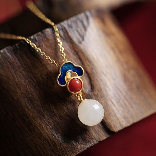 925 Argent Ancien Dor Naturel Jade Hetian mail Pendentif Clavicule Femmes Rtro Chinois Collier Lvn4173