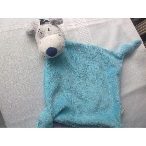 Doudou  Plat Chien Bleu Carré Blanc 3 Noeuds