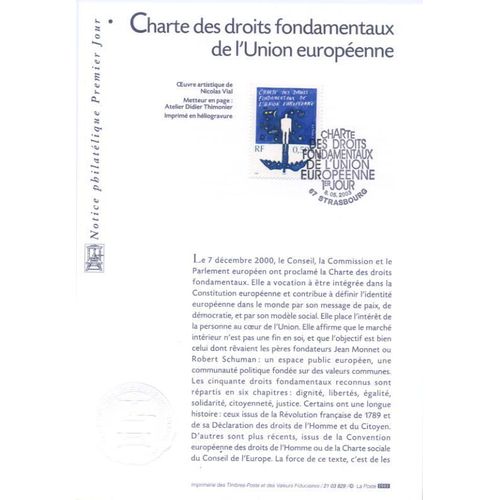 Notice Philatélique Premier Jour Charte Des Droits Fondamentaux De L'union Européenne