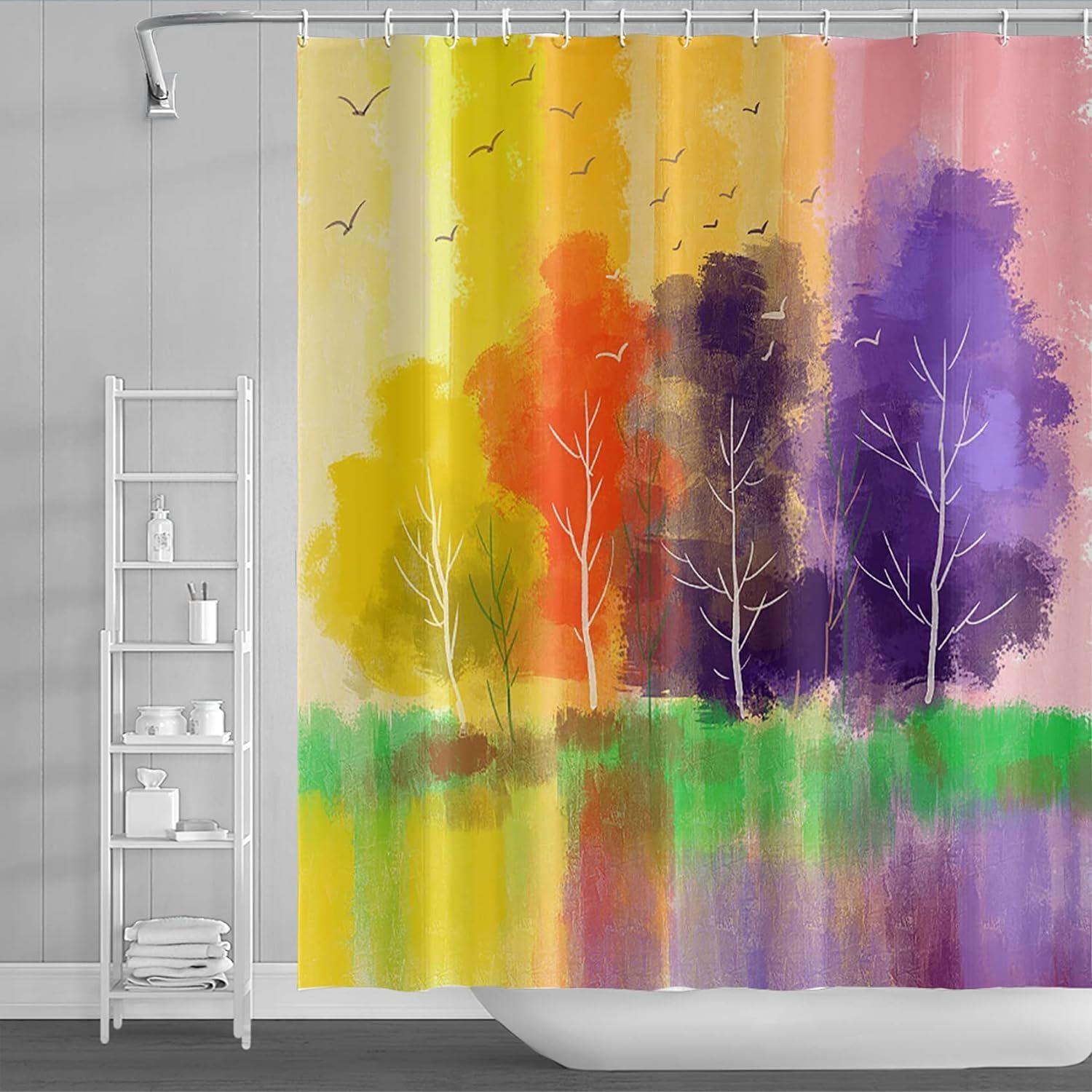 183x198cm Aquarelle des Arbres Rideau De Douche Oiseau Reflet De l'eau et Color¿¿ Ciel Lumineux Rideau De Douche pour Salle De Bain Tissu Polyester Imperm¿¿able Ensemble avec Crochets