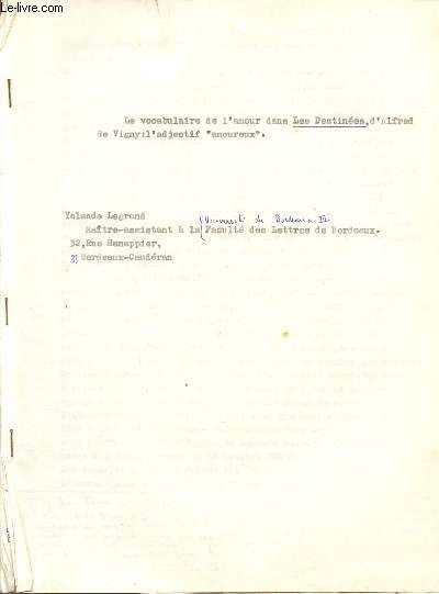 Le Vocabulaire De L Amour Dans Les Destinees D Alfred De Vigny L Adjectif Amoureux Travaux Dactylograhie Et Manuscrit Rakuten