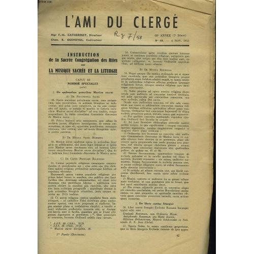 L'ami Du Clerge N°45, 6 Nov. 1958. Instruction De La Scre Congregation Des Rites Sur La Musique Sacree Et La Liturgie.